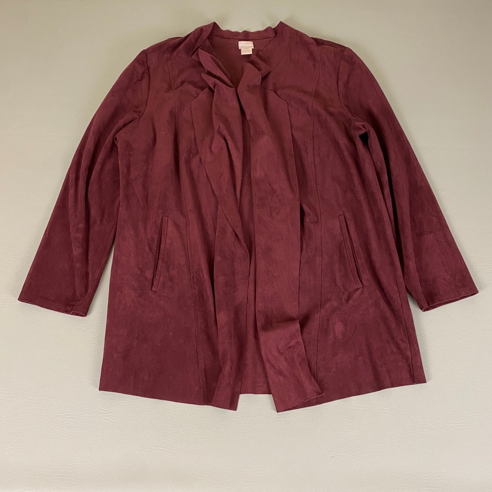 Chicos Cardigan Jacket Size‎ 3 (US XL 16 18) Burgundy Faux Suede Open Front